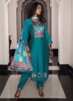 Prazu Fashion Teal Blue Viscose Shimmer Thread Embroidered Salwar Suit - Distacart