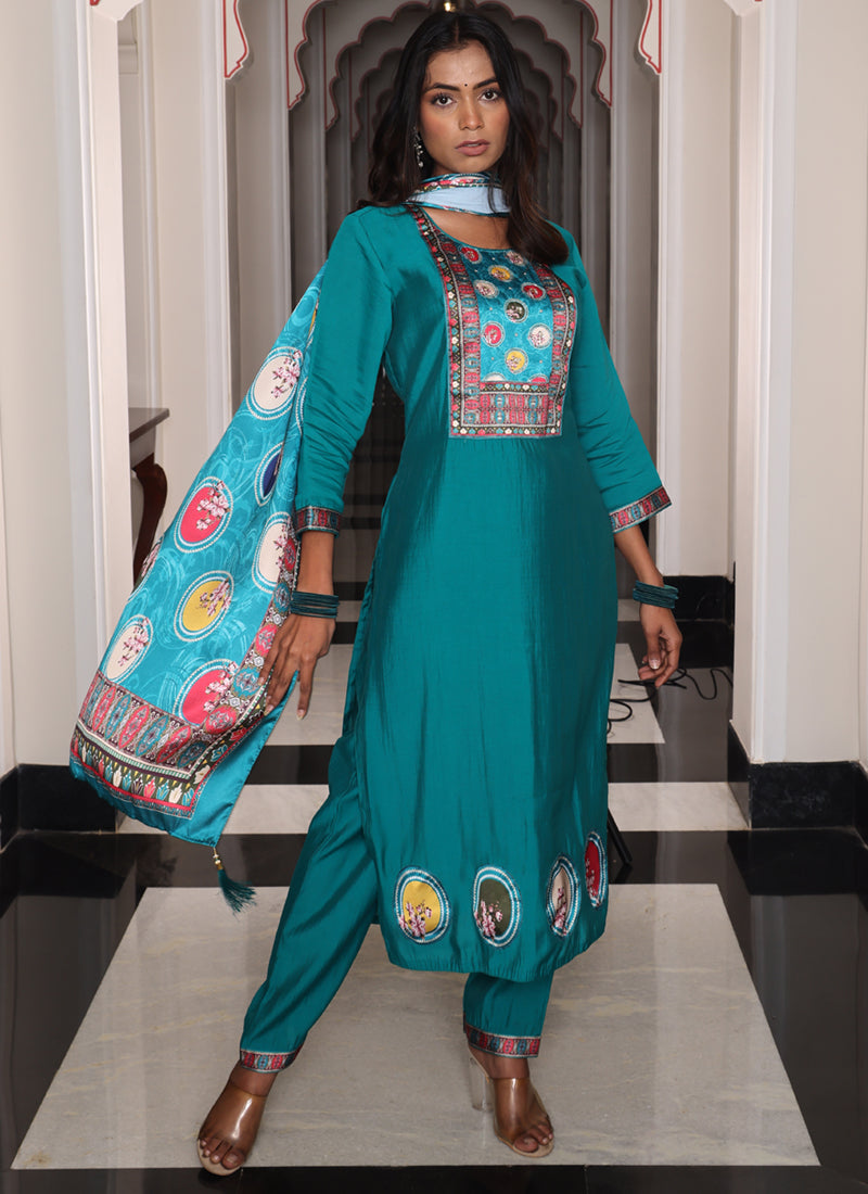 Prazu Fashion Teal Blue Viscose Shimmer Thread Embroidered Salwar Suit - Distacart