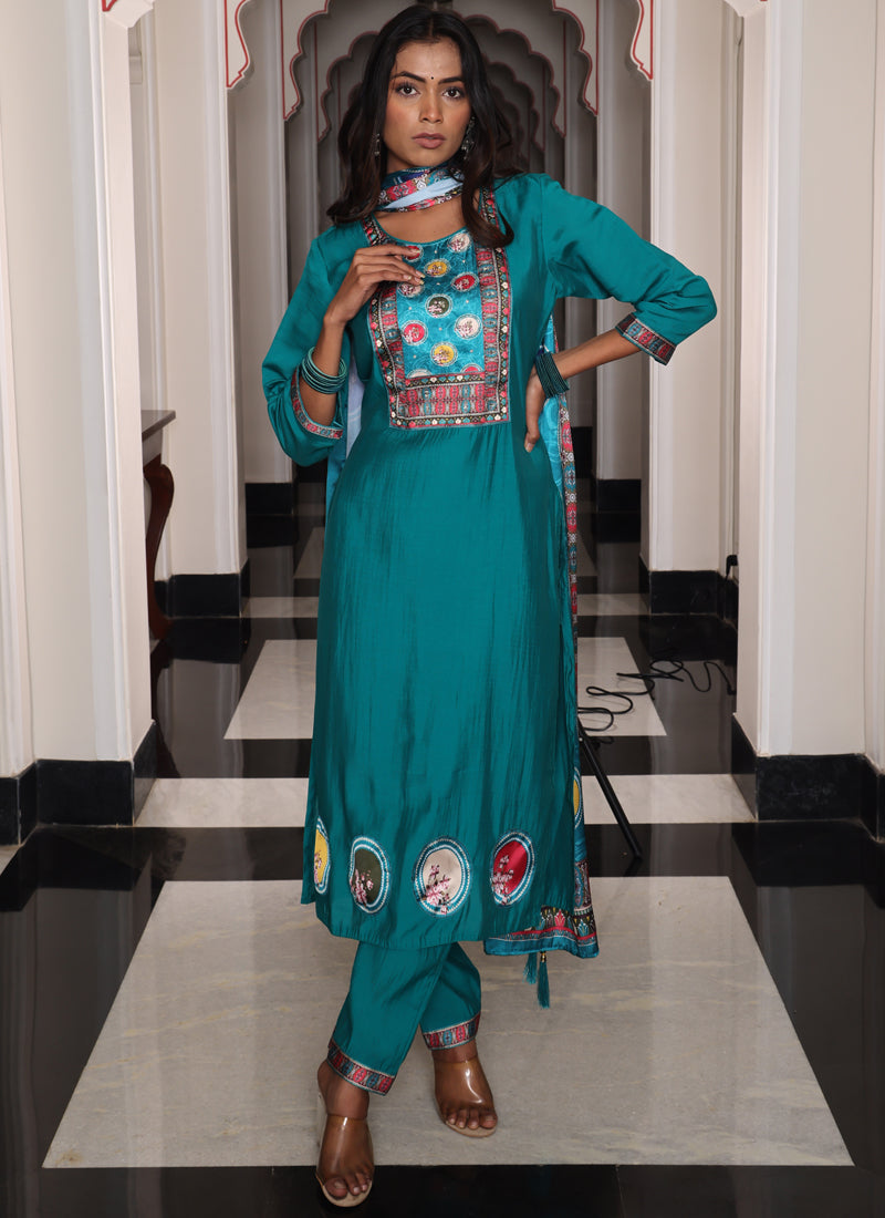 Prazu Fashion Teal Blue Viscose Shimmer Thread Embroidered Salwar Suit - Distacart
