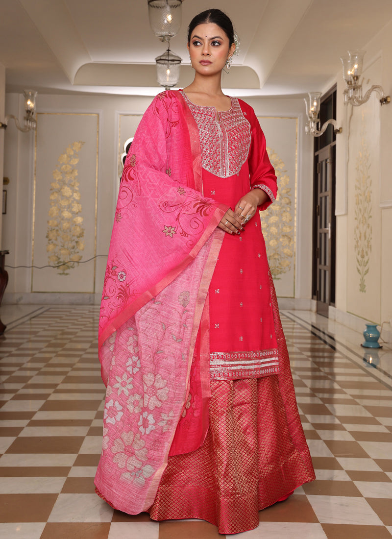 Prazu Fashion Pink Cotton Silk Embroidered Sequence Lehenga Style Suit - Distacart