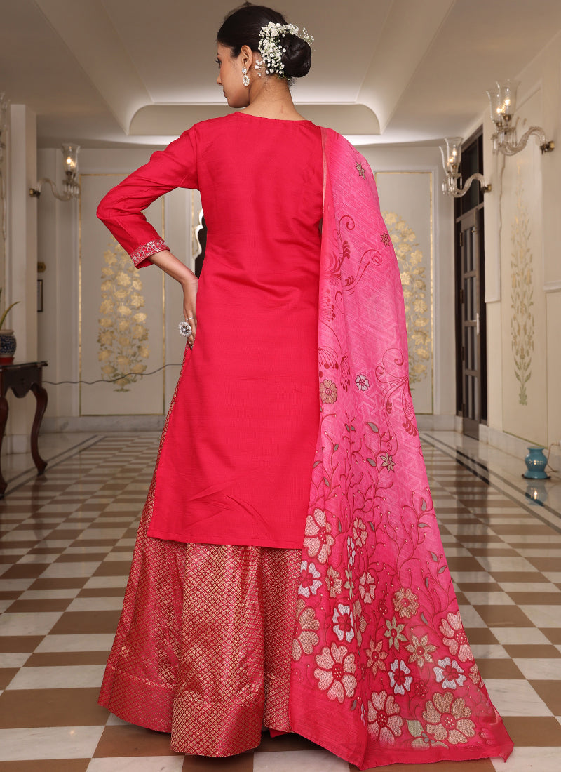 Prazu Fashion Pink Cotton Silk Embroidered Sequence Lehenga Style Suit - Distacart