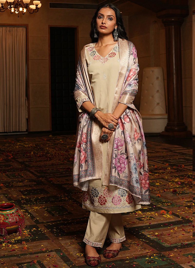 Prazu Fashion Beige Cotton Silk Thread Sequence Designer Salwar Suit - Distacart