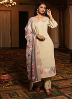 Prazu Fashion Beige Cotton Silk Thread Sequence Designer Salwar Suit - Distacart