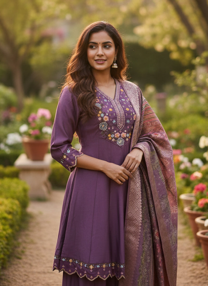 Prazu Fashion Purple Cotton Silk Thread Sequence Designer Palazzo Suit