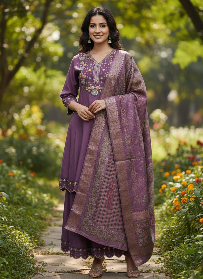 Prazu Fashion Purple Cotton Silk Thread Sequence Designer Palazzo Suit