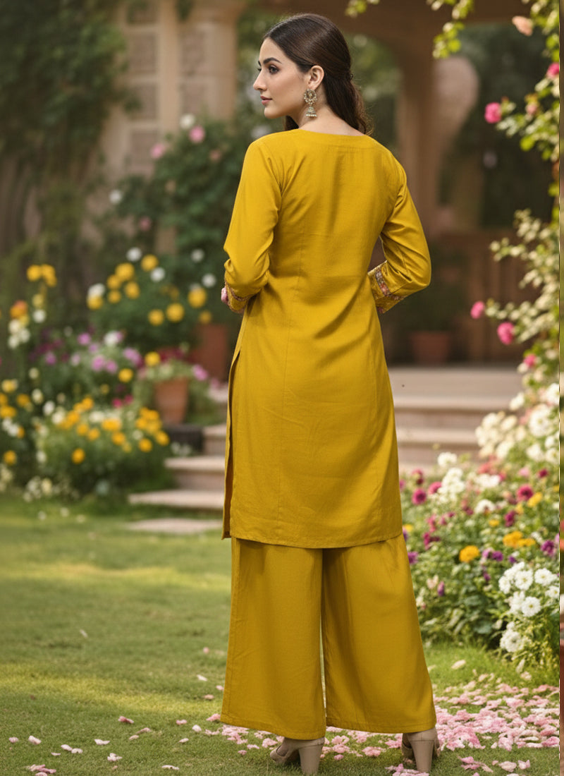 Prazu Fashion Yellow Cotton Silk Thread Sequence Designer Palazzo Suit
