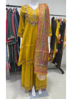 Prazu Fashion Yellow Cotton Silk Thread Sequence Designer Palazzo Suit