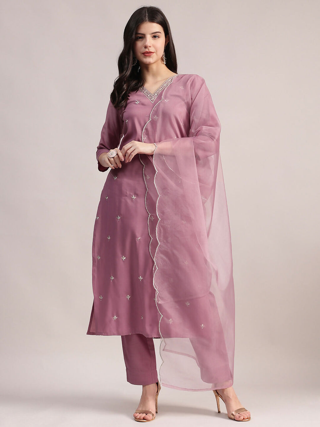 Aavyora Women Lavender Embroidered Chinon Kurta with Straight Pants & Organza Dupatta Set