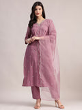 Aavyora Women Lavender Embroidered Chinon Kurta with Straight Pants & Organza Dupatta Set