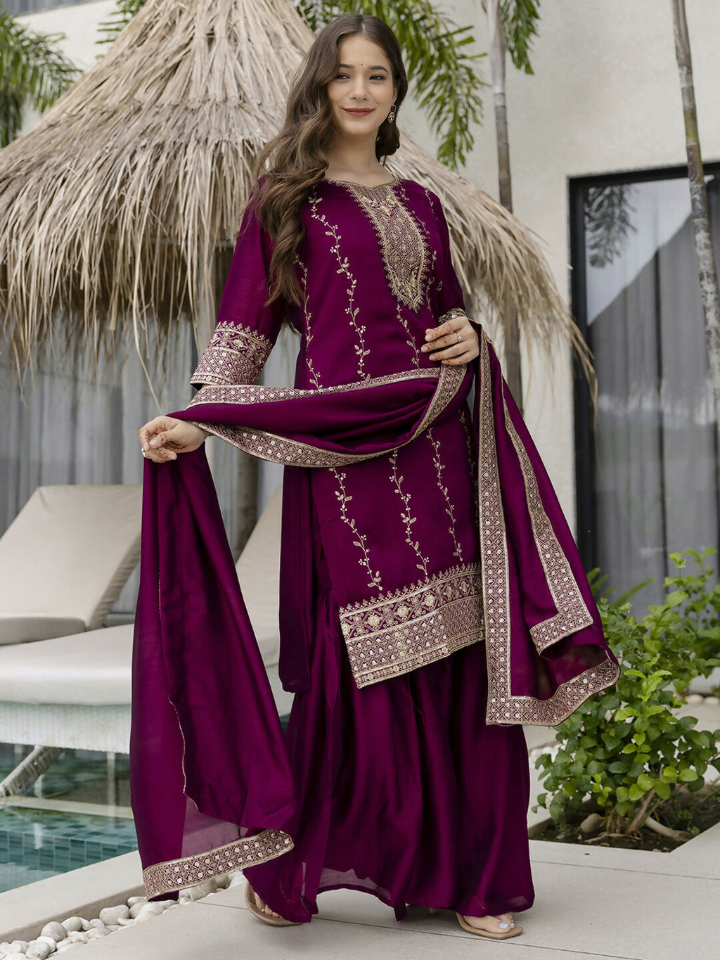 The52 Wine Beautiful Embroidered Vichitra Silk Fabric Straight Kurta, Palazzo and Dupatta Set - Distacart