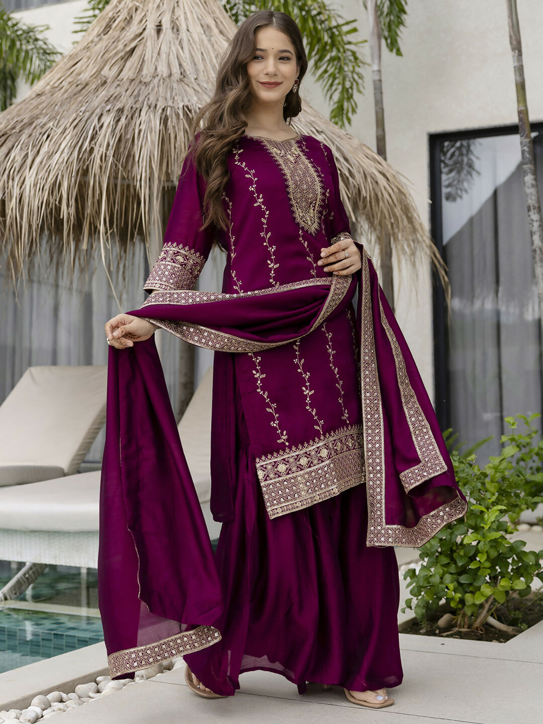 The52 Wine Beautiful Embroidered Vichitra Silk Fabric Straight Kurta, Palazzo and Dupatta Set - Distacart