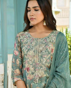 Vaasva Women's Teal Tissue Embroidered Suit Set With Solid Pant And Embroidered Dupatta