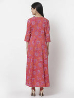 Myshka Women's Pure Red Color Cotton Round Neck Printed 3/4 Sleeve Dress
