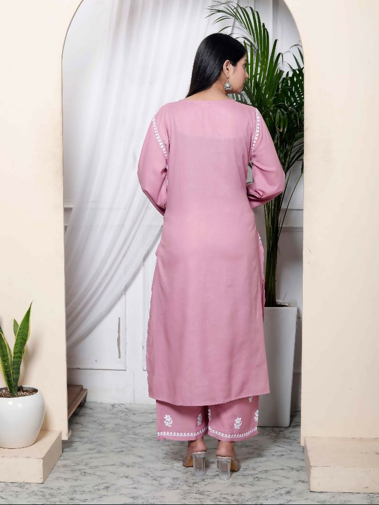 Miravan Womens Pink Embroidered Kurta With Palazzo - Distacart