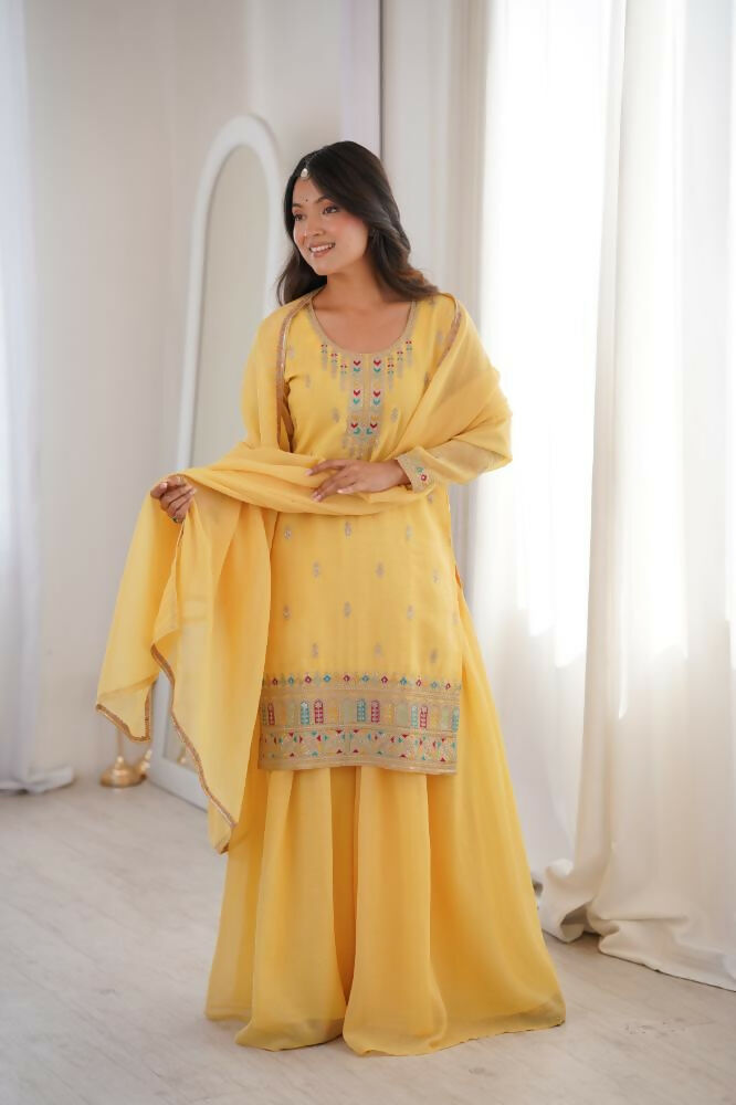 Lehenga Mart Designer Sharara Suit With Kurta, Sharara, Dupatta For Women-Yellow - Distacart