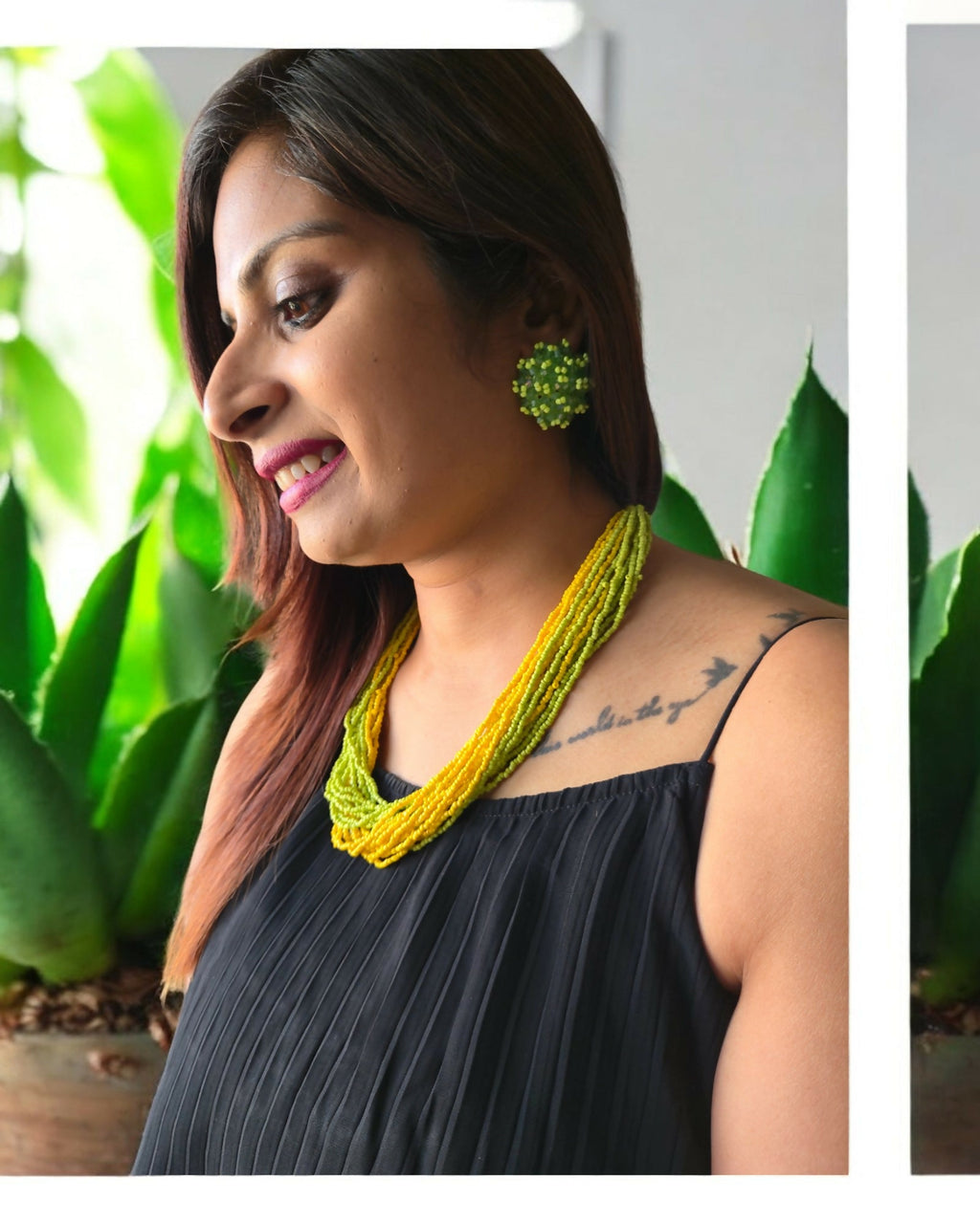 Inhanns Vibrant Handmade 20 Layers Beaded Necklace With Matching Earrings - Yellow & Green
