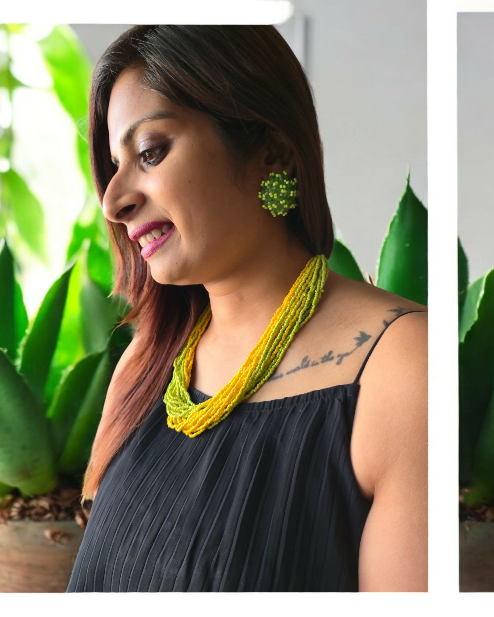Inhanns Vibrant Handmade 20 Layers Beaded Necklace With Matching Earrings - Yellow & Green