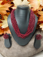 Inhanns Vibrant Handmade 20 Layers Beaded Necklace With Matching Earrings - Maroon