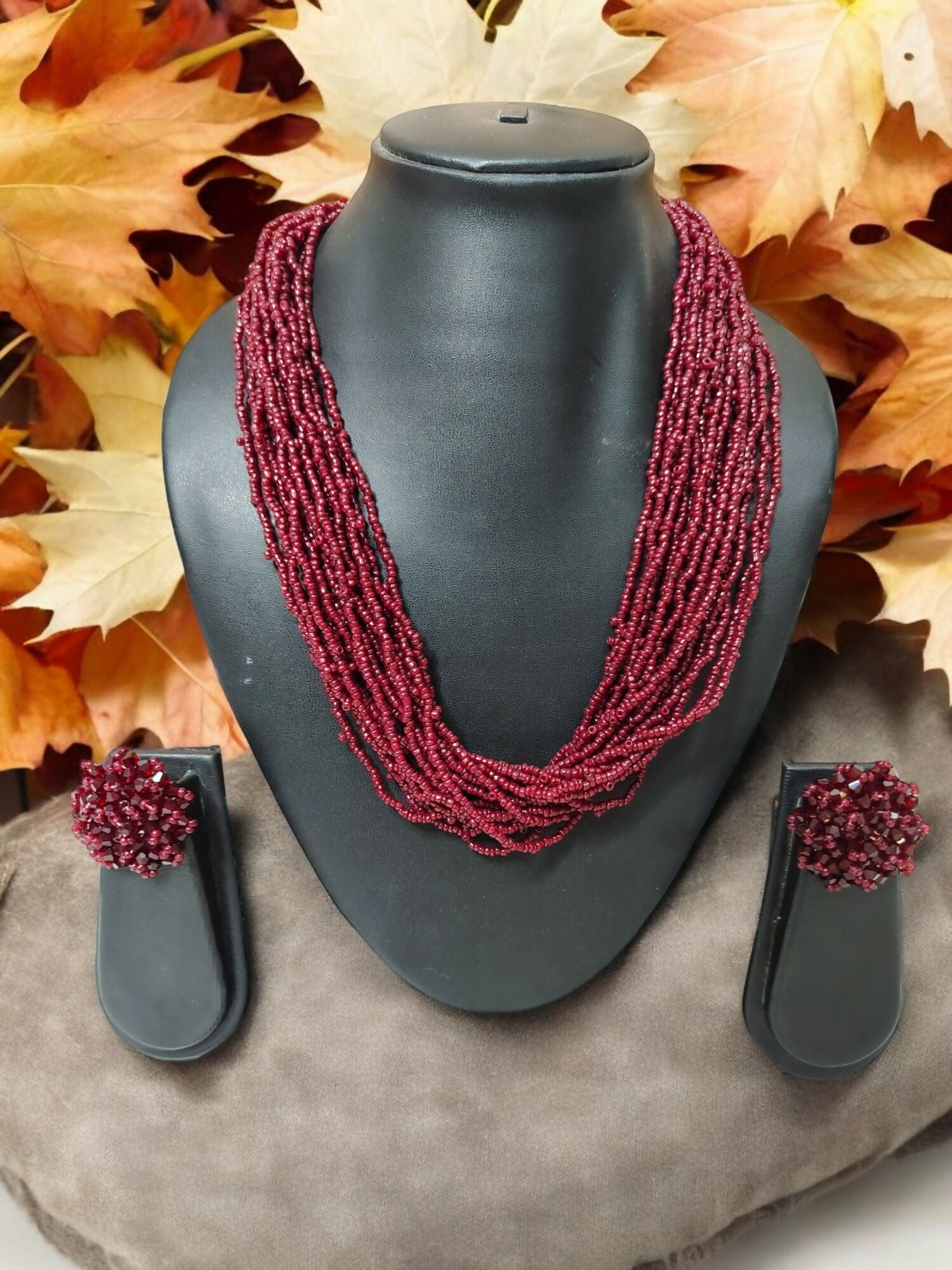 Inhanns Vibrant Handmade 20 Layers Beaded Necklace With Matching Earrings - Maroon