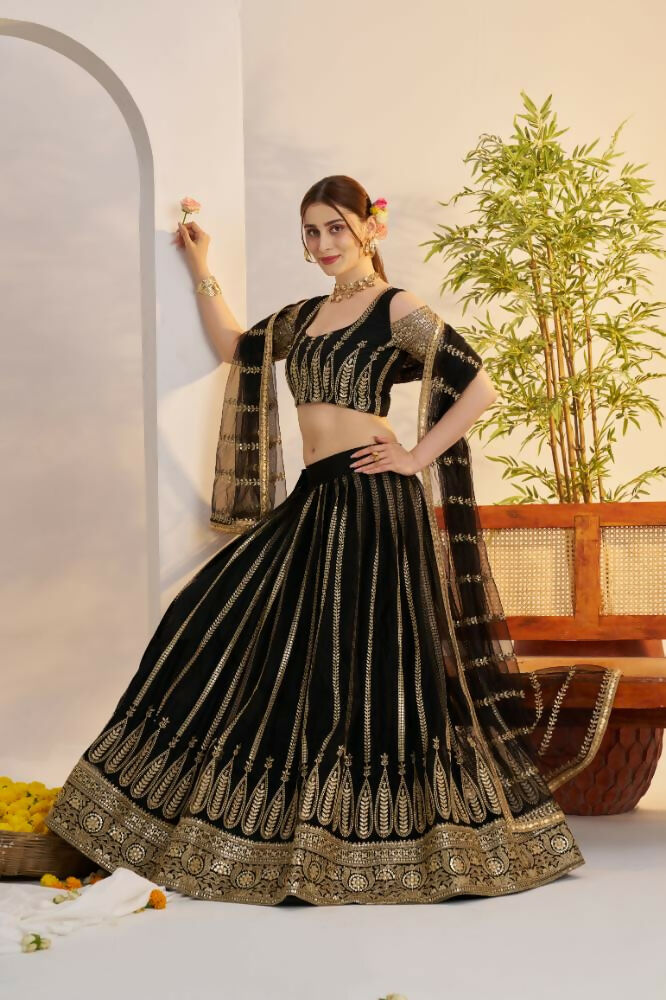 Aastha Fashion Black Butterfly Net Zari Work And Cotton Thread Work And Sequence Work Embroidery Wedding Wear Lehenga Choli
