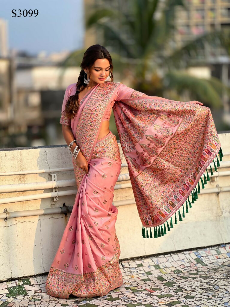 Pink Pashmina Silk Wevon Kashmiri Meenakari Designer Saree with Unstitched Blouse - Vandini