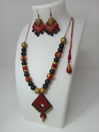 Terracotta Boho Style Diamond Pendant Medium Necklace Set With Hanging Flats-Dark Red