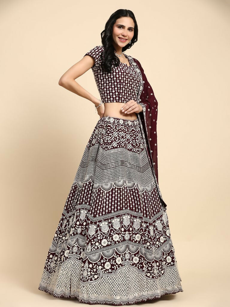 Brown Georgette Thread Embroidered Lehenga Choli with Dupatta - Tanya