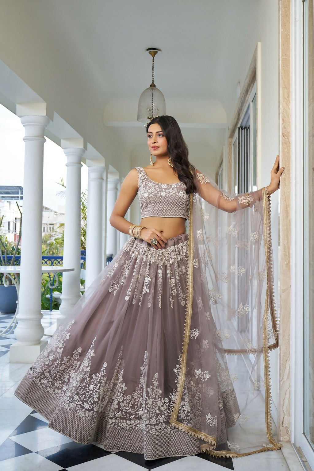 Eilara Glamorous Light Dusty Brown Butterfly Net With Thread And Sequins Embroidered Work Lehenga Choli