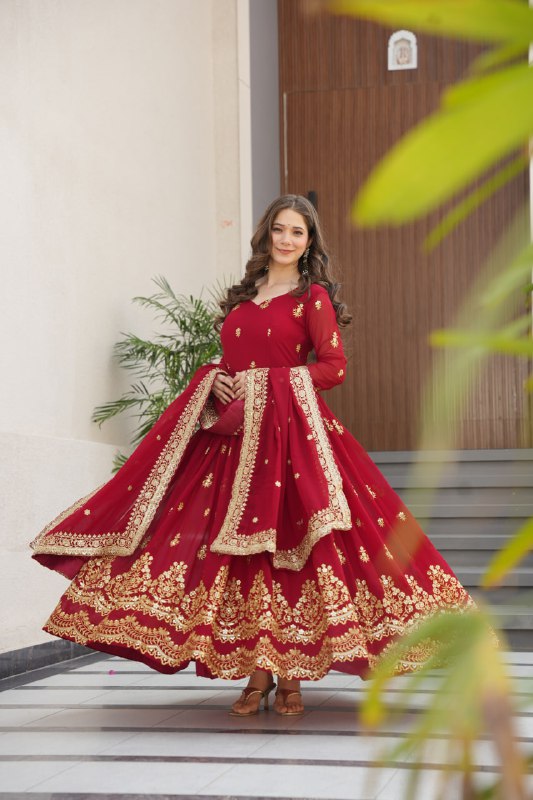 Lehenga Mart Premium Readymade Gown With Dupatta Set For Women-Maroon - Distacart