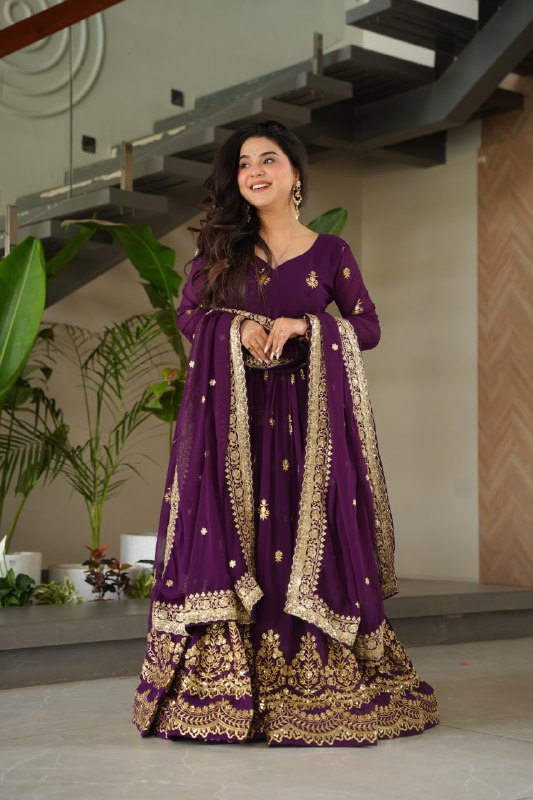 Lehenga Mart Premium Readymade Gown With Dupatta Set For Women-Purple - Distacart
