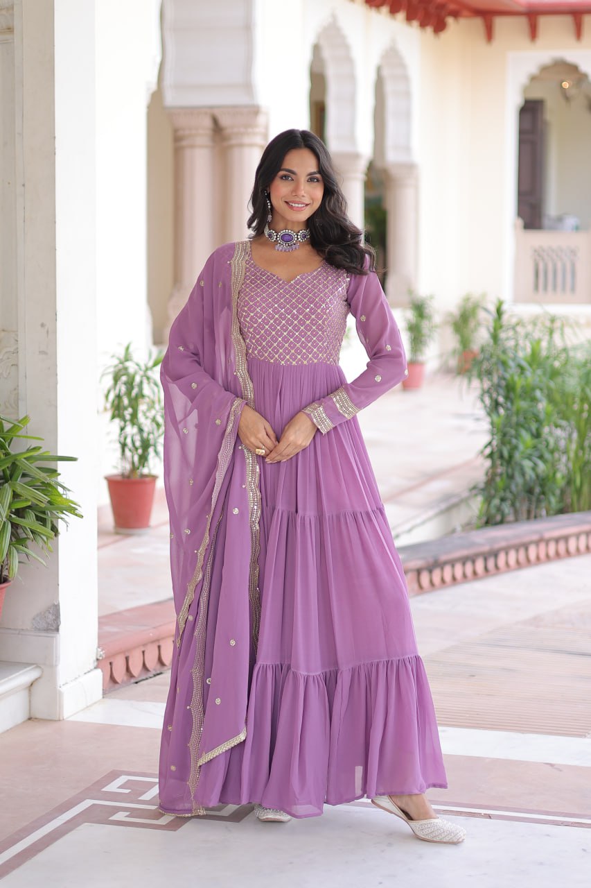 Lehenga Mart Premium Readymade Gown With Dupatta Set For Women-Onion - Distacart