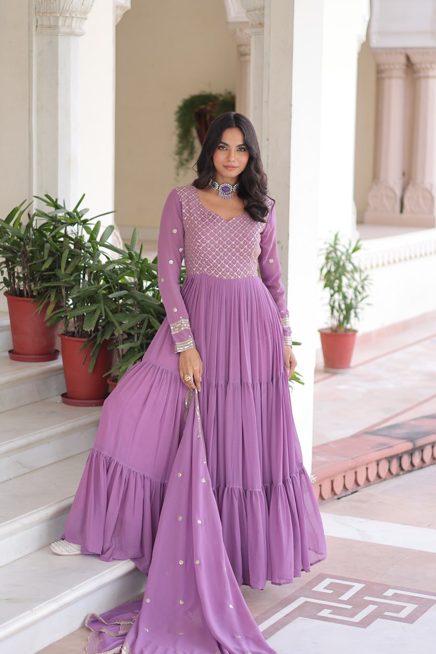 Lehenga Mart Premium Readymade Gown With Dupatta Set For Women-Onion - Distacart