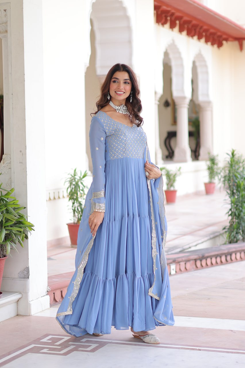 Lehenga Mart Premium Readymade Gown With Dupatta Set For Women-Sky Blue - Distacart