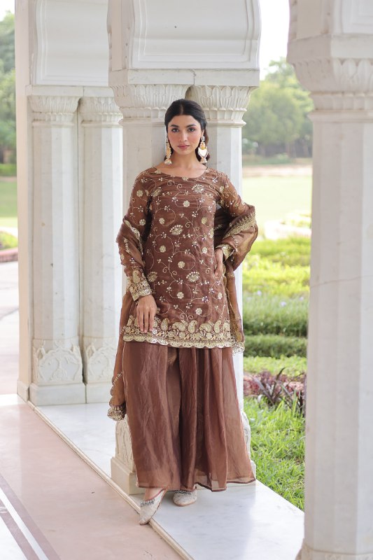 Lehenga Mart Premium Readymade Top Sharara With Dupatta Set For Women-Coffee - Distacart