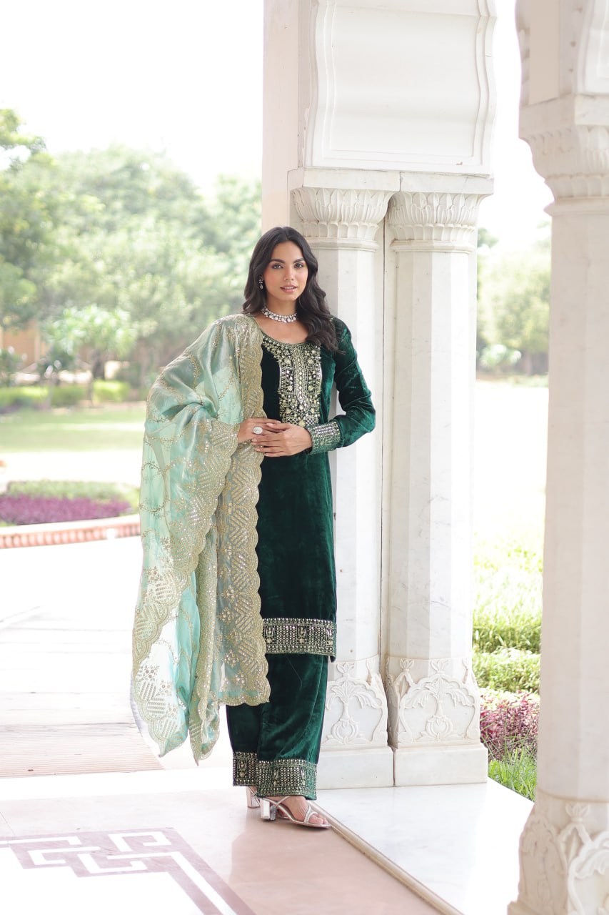 Lehenga Mart Designer Velvet Ready To Wear Kurta Pant With Dupatta For Women-Green - Distacart