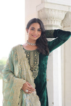 Lehenga Mart Designer Velvet Ready To Wear Kurta Pant With Dupatta For Women-Green - Distacart