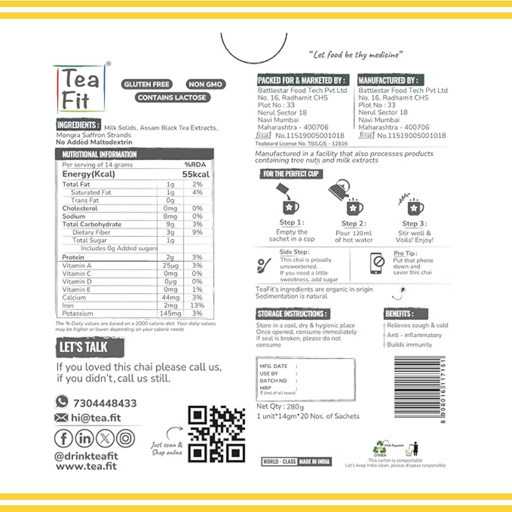 TeaFit Premium NO SUGAR Instant Saffron Tea Premix - Distacart