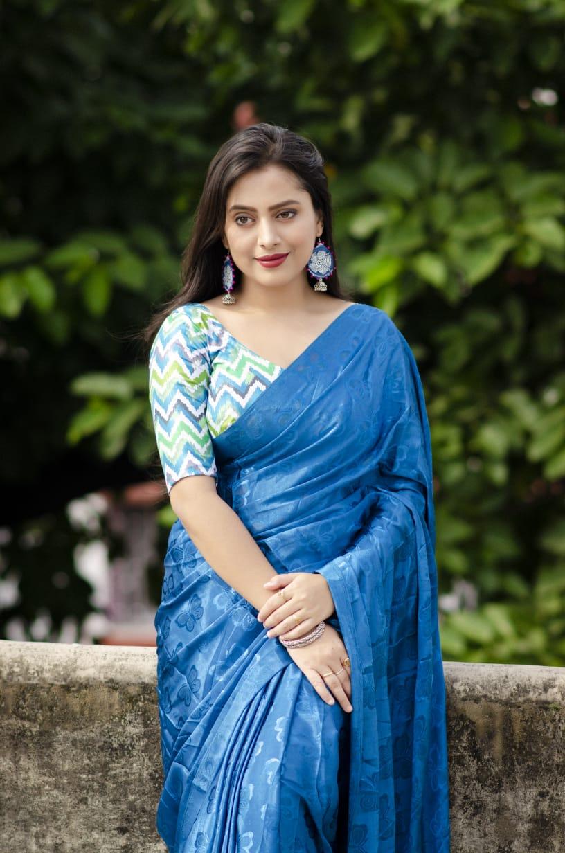 Blue Silk Blend Ethnic Motifs Saree with Unstitched Blouse - Hiral Fashion