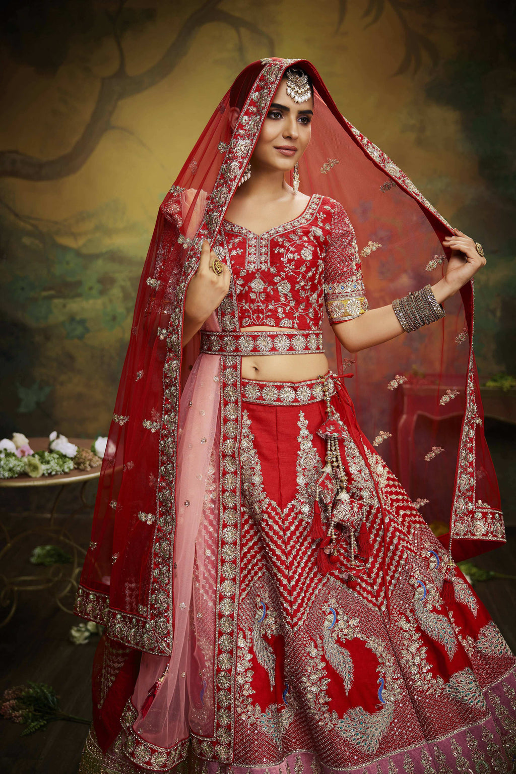 House of Panchhi Red Pure Silk Moti & Zarkan heavy embroidery Lehenga choli & Dupatta