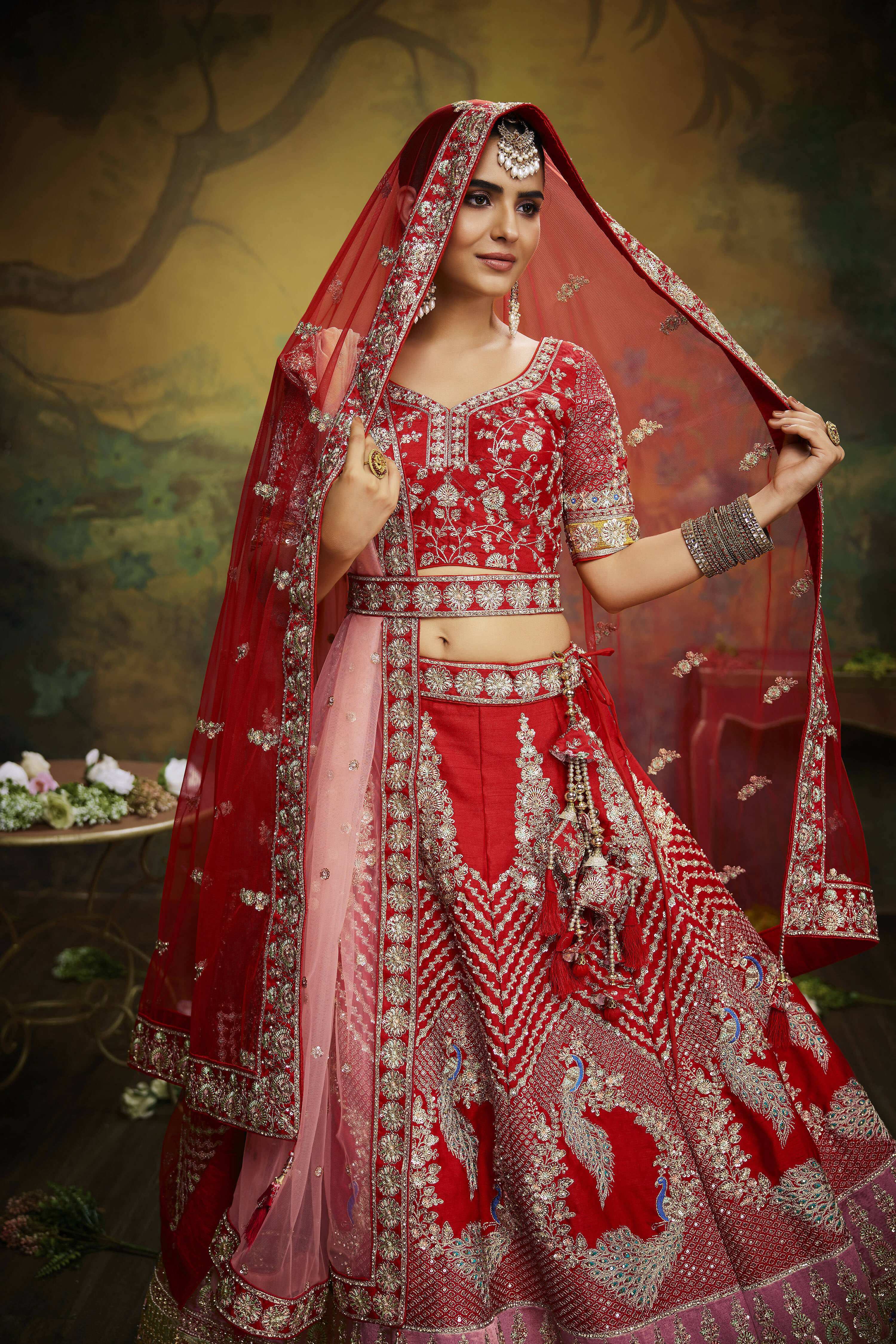 House of Panchhi Red Pure Silk Moti & Zarkan heavy embroidery Lehenga choli & Dupatta