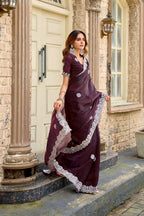 Vastranavya Wine Embroidery Work Shimmer Chiffon Saree with Unstitched Blouse - Distacart