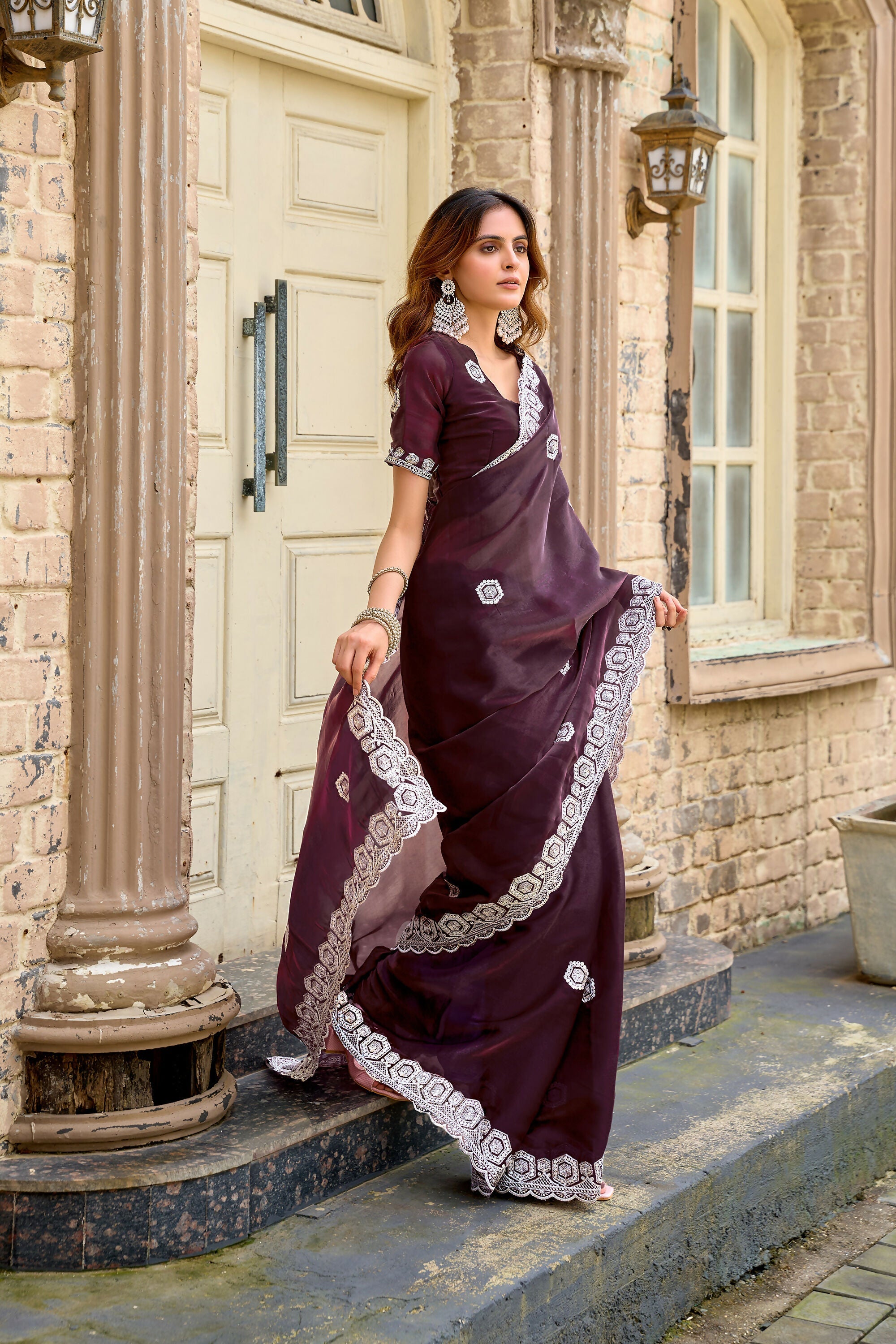 Vastranavya Wine Embroidery Work Shimmer Chiffon Saree with Unstitched Blouse - Distacart