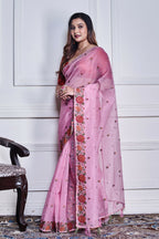Morchari Pink Supernet Cross Embroidery Saree Unstitched Blouse - Distacart