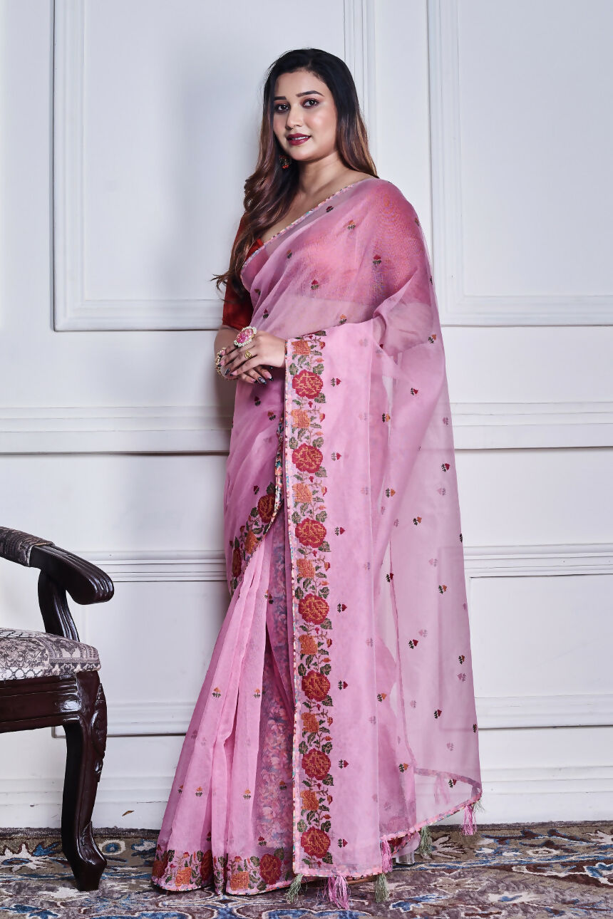 Morchari Pink Supernet Cross Embroidery Saree Unstitched Blouse - Distacart
