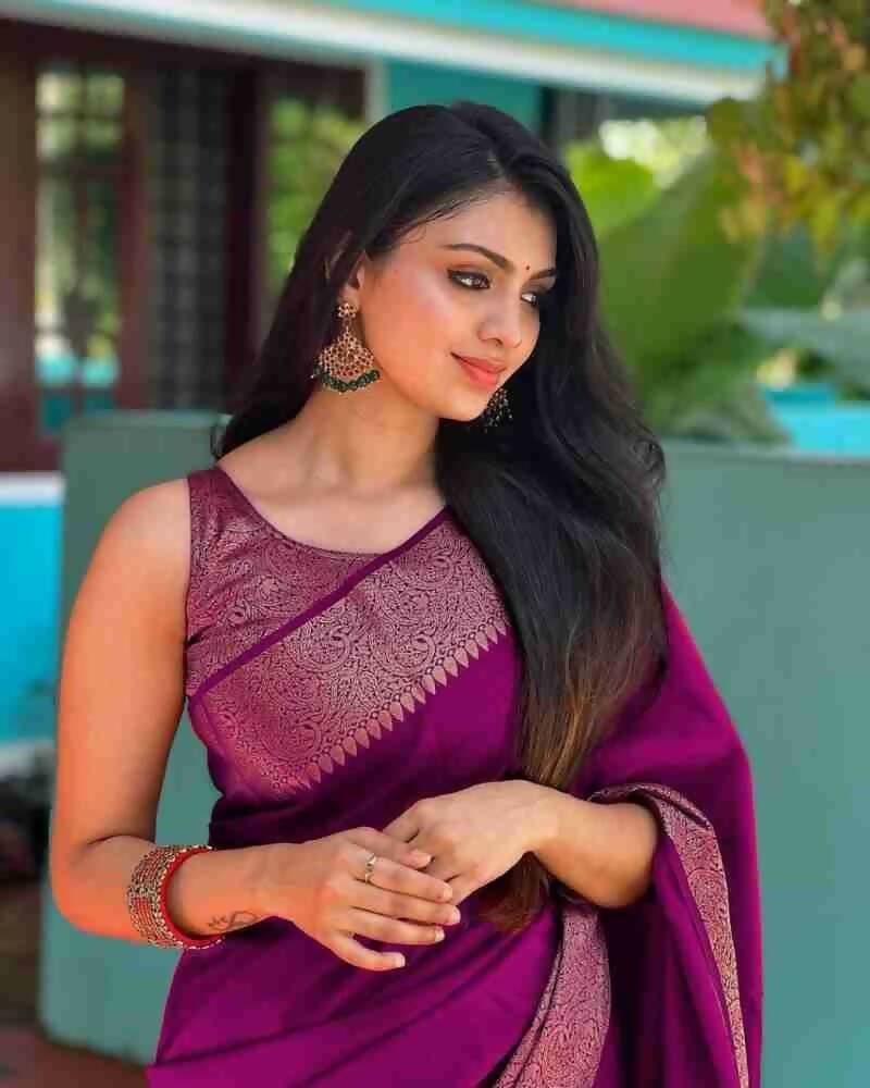 DEIANA'S Beautiful Designer Golden zari Soft Lichi Silk Saree - Wine