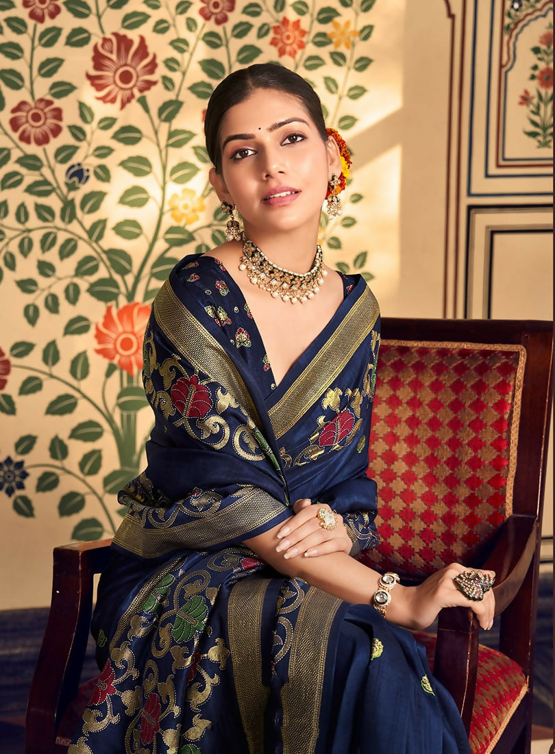 Monjolika Fashion Navy Blue Silk Blend Banarasi Zari Work Classic Saree - Distacart