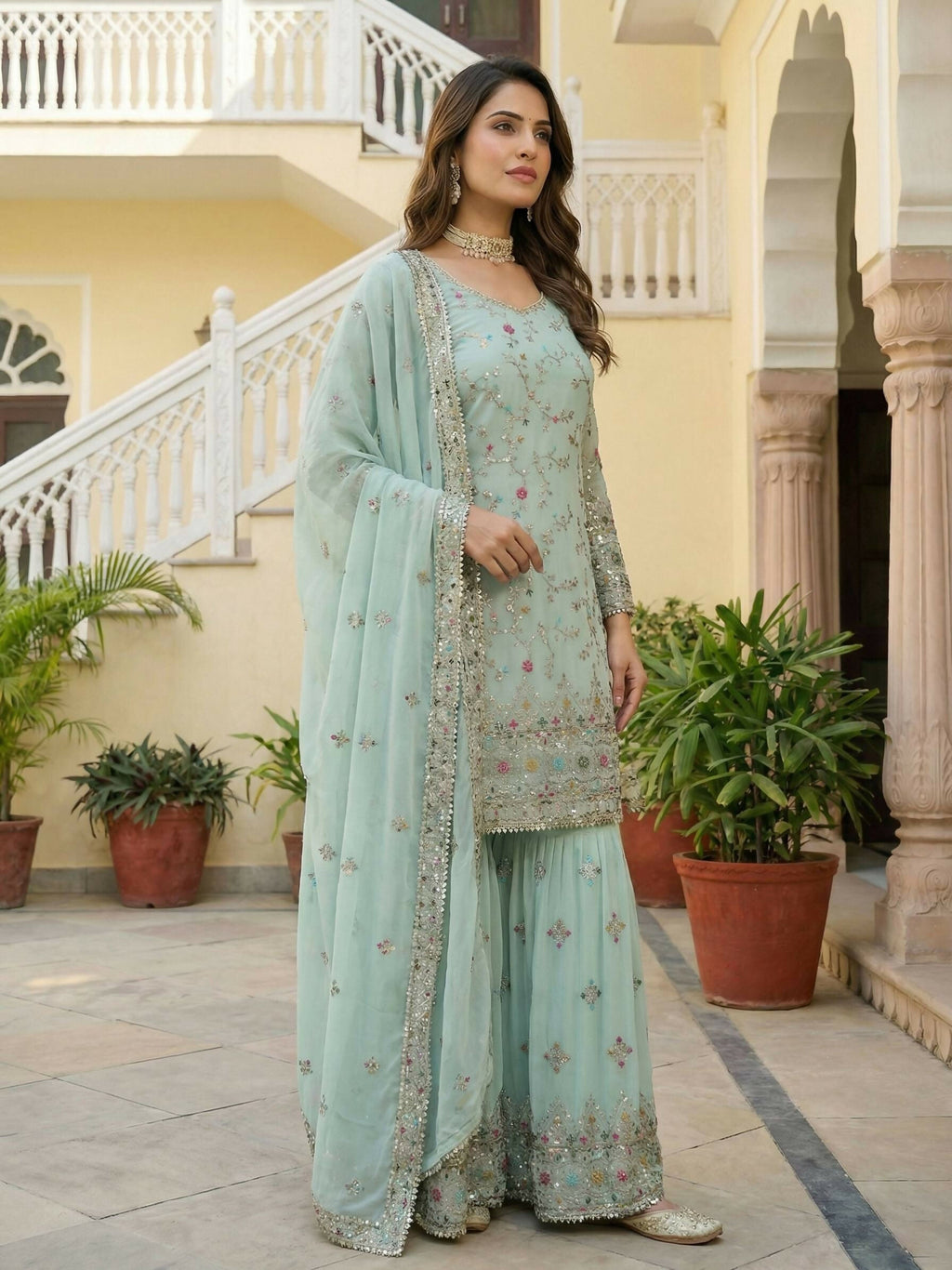 Joban Fashion Sky Georgette Embroidered Sharara Set - Distacart