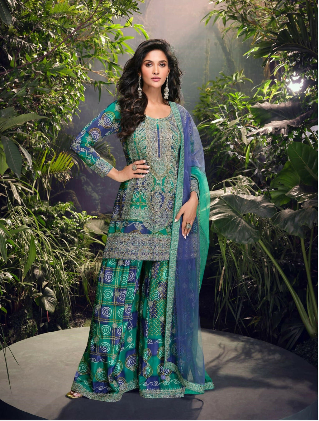 Anaita Blue Chinon Stitched Suit with Embroidery & Sequence Work - Distacart