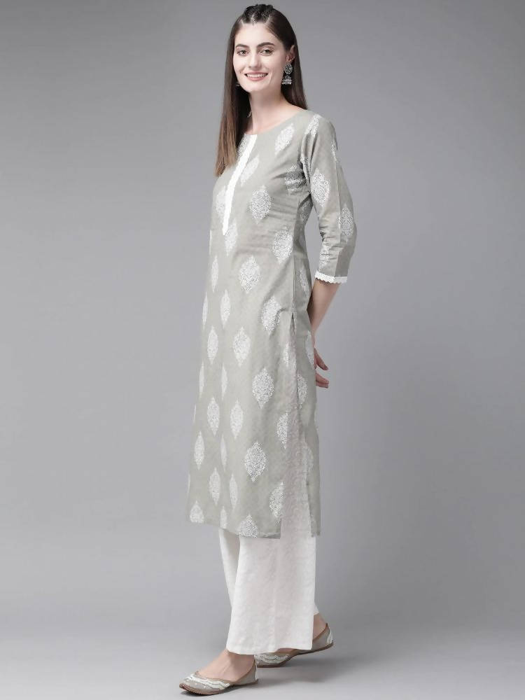 Yufta Grey and Off White Printed Kurta with Palazzo set