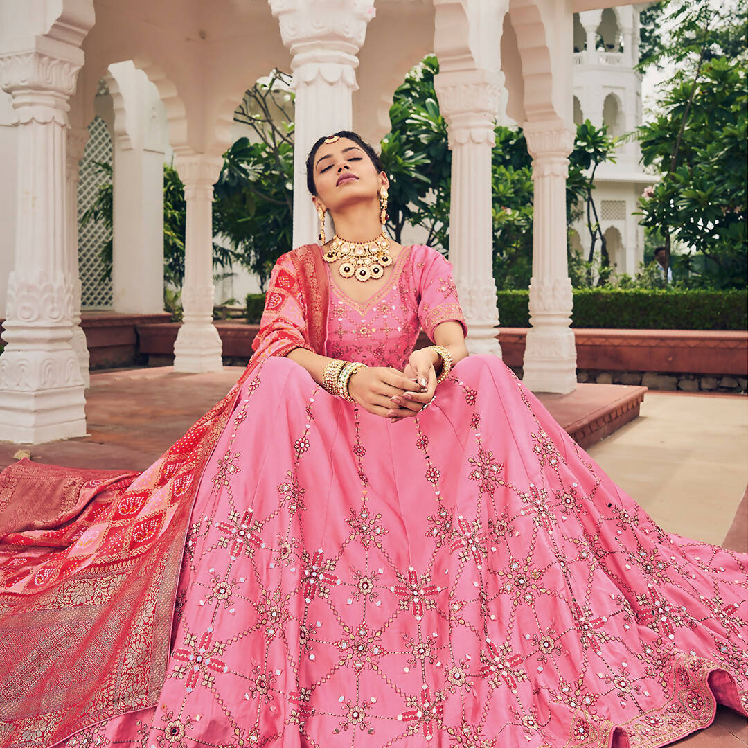 Bright Pink Heavy Viscose Khatli, Embroidery & Mirror Work Unstitched Lehenga Choli - Sisha Keshav